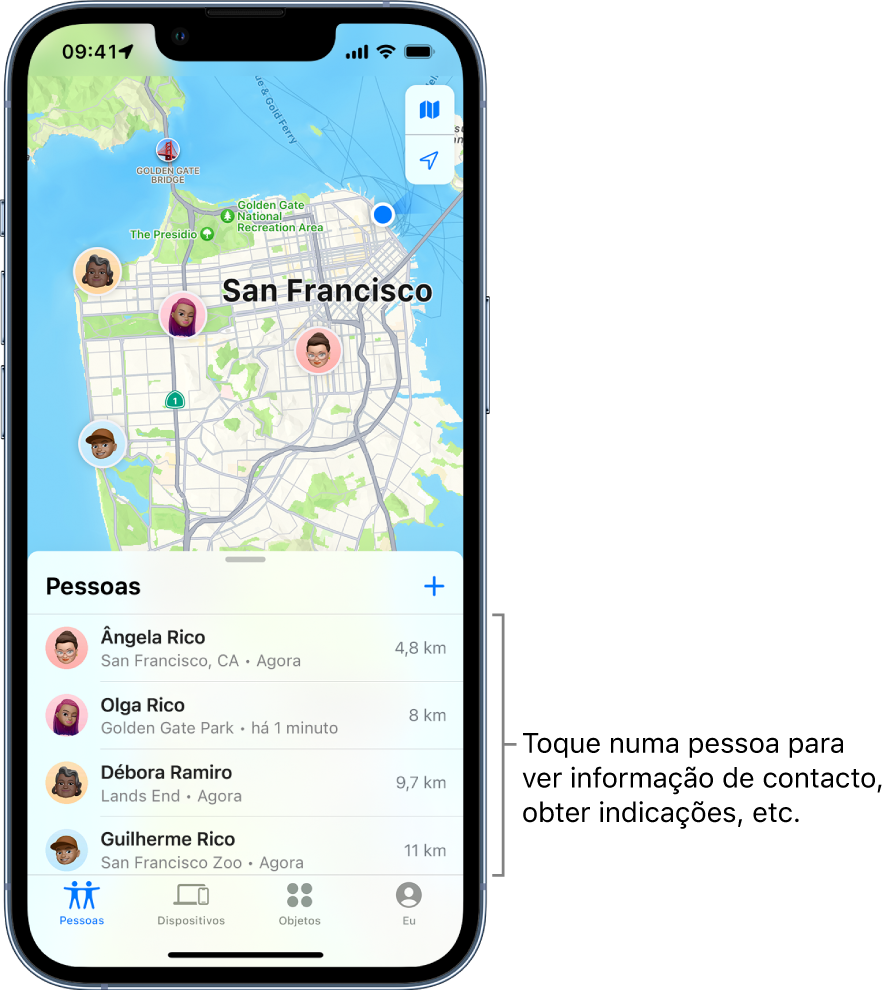 O ecrã de Encontrar, com a lista Pessoas aberta. Há quatro pessoas na lista: Ângela Rico, Olga Rico, Débora Ramiro e Guilherme Rico. As localizações são mostradas no mapa de São Francisco.