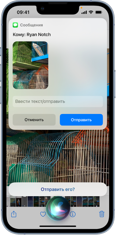 Открыто приложение «Фото». Показана фотография четырех людей. Над фотографией — сообщение, адресованное маме. В нижней части экрана — значок Siri.