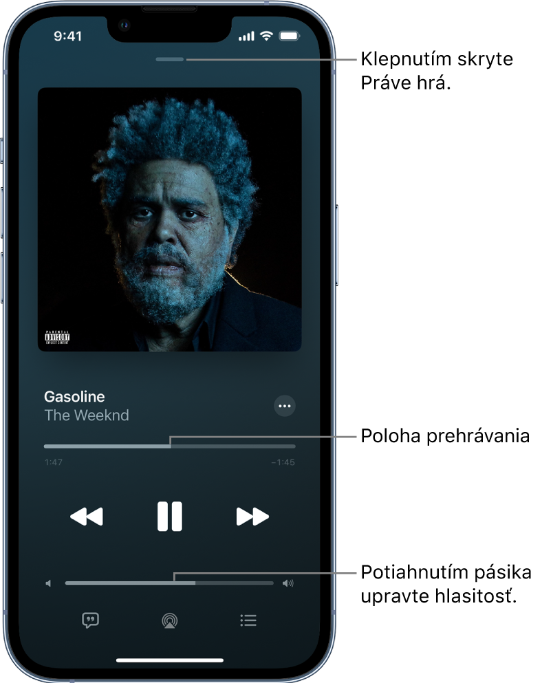 Obrazovka Práve hrá s obalom albumu. Nižšie sa nachádza názov skladby a interpreta, tlačidlo Viac, prehrávacia hlava, ovládacie prvky prehrávania, posuvník hlasitosti, tlačidlo Text skladby, tlačidlo Smerovanie audia a tlačidlo Poradie. V hornej časti je tlačidlo Skryť Práve hrá.