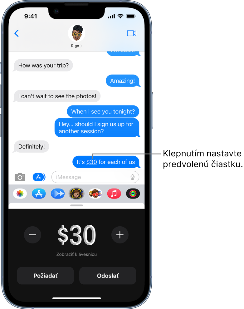 Konverzácia iMessage s platbou cez Apple Pay otvorenou v spodnej časti.