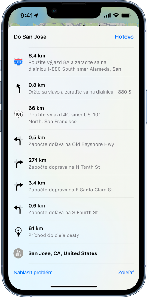 Podrobné navigačné pokyny pre trasu zobrazené v zozname.