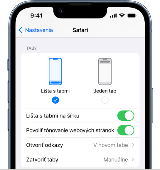 Obrazovka s dvomi možnými rozloženiami okna Safari: Lišta s tabmi a Jeden tab.