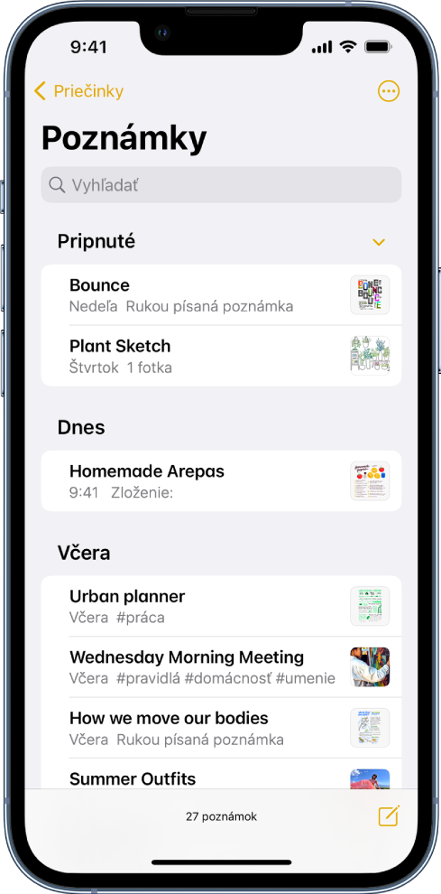 Zoznam poznámok s vyhľadávacím poľom v hornej časti.