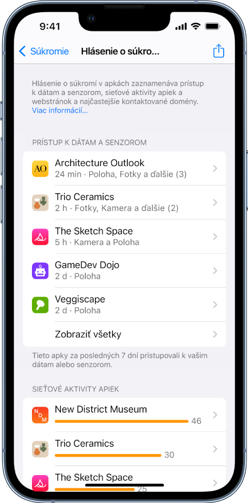 Hlásenie o súkromí v apkách s informáciami o piatich apkách v kategórii Prístup k dátam a senzorom a o troch apkách v kategórii Sieťové aktivity apky.