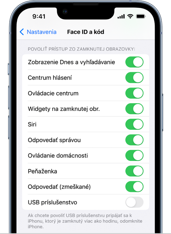 Obrazovka Face ID a kód s nastaveniami umožňujúcimi prístup k špecifickým funkciám na zamknutom iPhone.