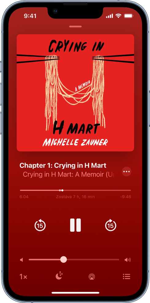 Obrazovka prehrávača audiokníh s obalom audioknihy v strede hore. Pod obalom sa nachádza číslo skladby, názov audioknihy, autor a tlačidlo Možnosti. Pod názvom audioknihy sa nachádza indikátor prehrávania a pod ním ovládacie prvky na spustenie a pozastavenie prehrávania a na preskakovanie dopredu a dozadu. Pod ovládacími prvkami prehrávača sa nachádza posuvník ovládanie hlasitosti. V dolnej časti obrazovky sa zľava doprava nachádzajú tlačidlá Rýchlosť prehrávania, Časovač, Smerovanie audia a Zoznam skladieb.