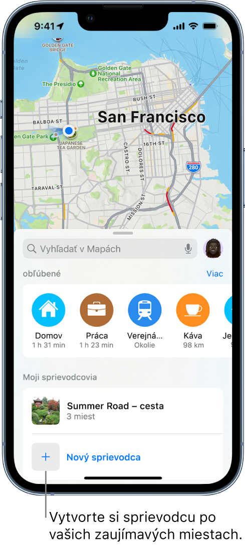 Karta vyhľadávania v apke Mapy s tlačidlom Nový sprievodca v spodnej časti.
