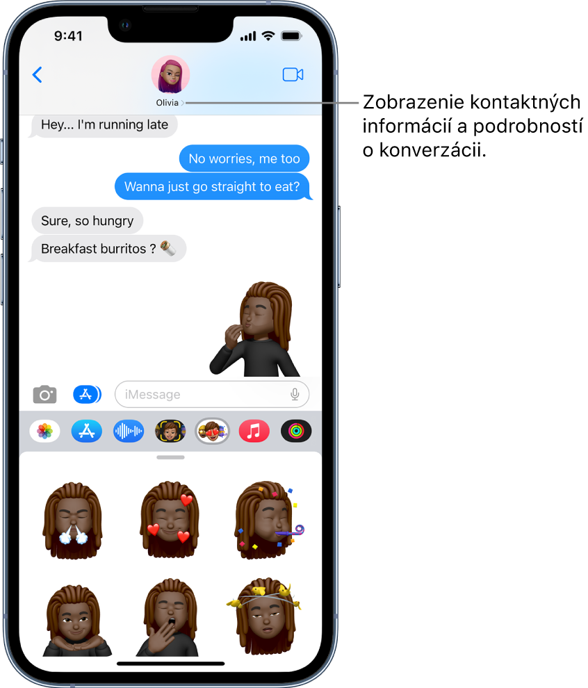 Konverzácia v apke Správy. V hornej časti sa zľava doprava nachádza tlačidlo Späť, fotka, memoji alebo monogram osoby, s ktorou konverzujete, a tlačidlo FaceTime. V strede sú správy odoslané a prijaté počas konverzácie. V spodnej časti sú tlačidlá na pridávanie obsahu a efektov do správ.