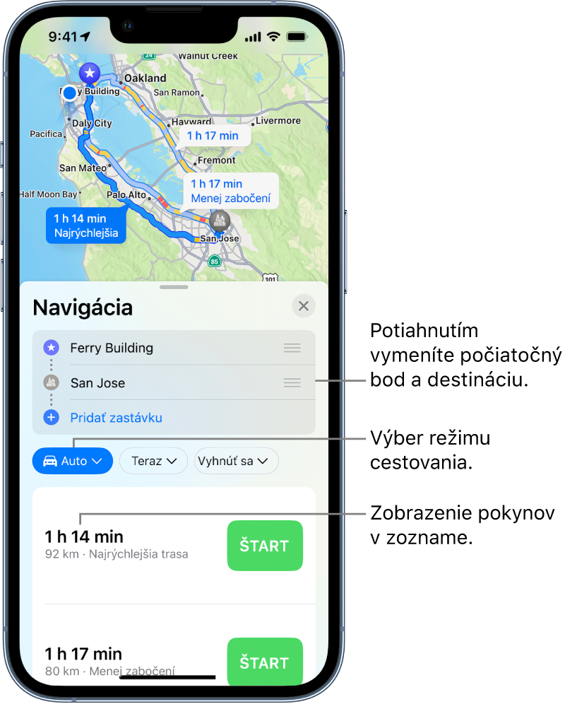 Mapa zobrazujúca viacero trás pre jazdu autom medzi dvoma miestami s možnosťami prepnutia počiatočného miesta a cieľa, výberu iného spôsobu dopravy a zobrazenia pokynov v zozname.