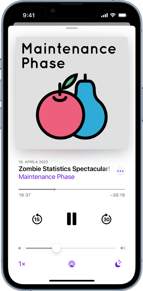 Ovládacie prvky prehrávania na obrazovke Práve hrá. Pod grafikou podcastu je názov epizódy a ovládacie prvky na prechod dozadu a dopredu v relácii, prehranie relácie a zmenu hlasitosti. Pod ním sa nachádza ovládanie hlasitosti. V ľavom dolnom okraji sa nachádza ovládací prvok, pomocou ktorého sa mení rýchlosť prehrávania. V pravom dolnom rohu je časovač.