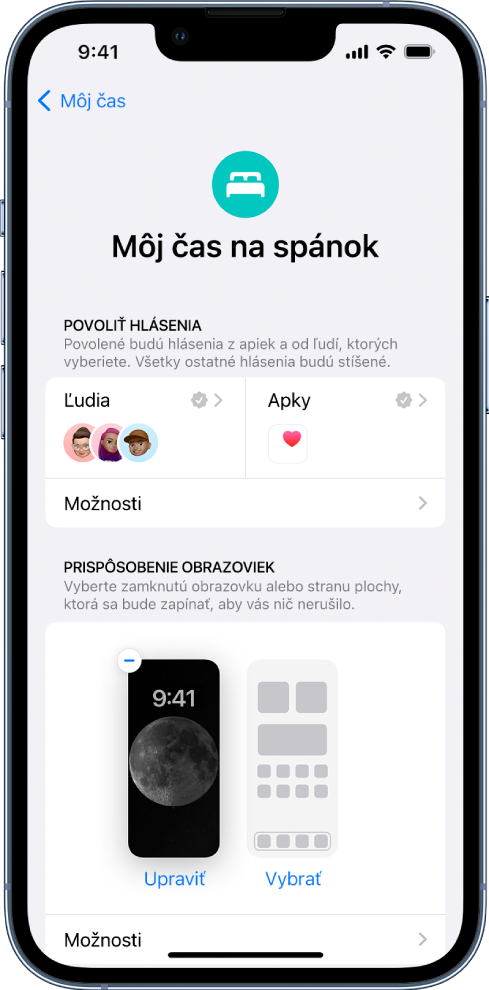 Obrazovka režimu Môj čas na spánok zobrazujúca troch ľudí a jednu apku s povolením posielať hlásenia.