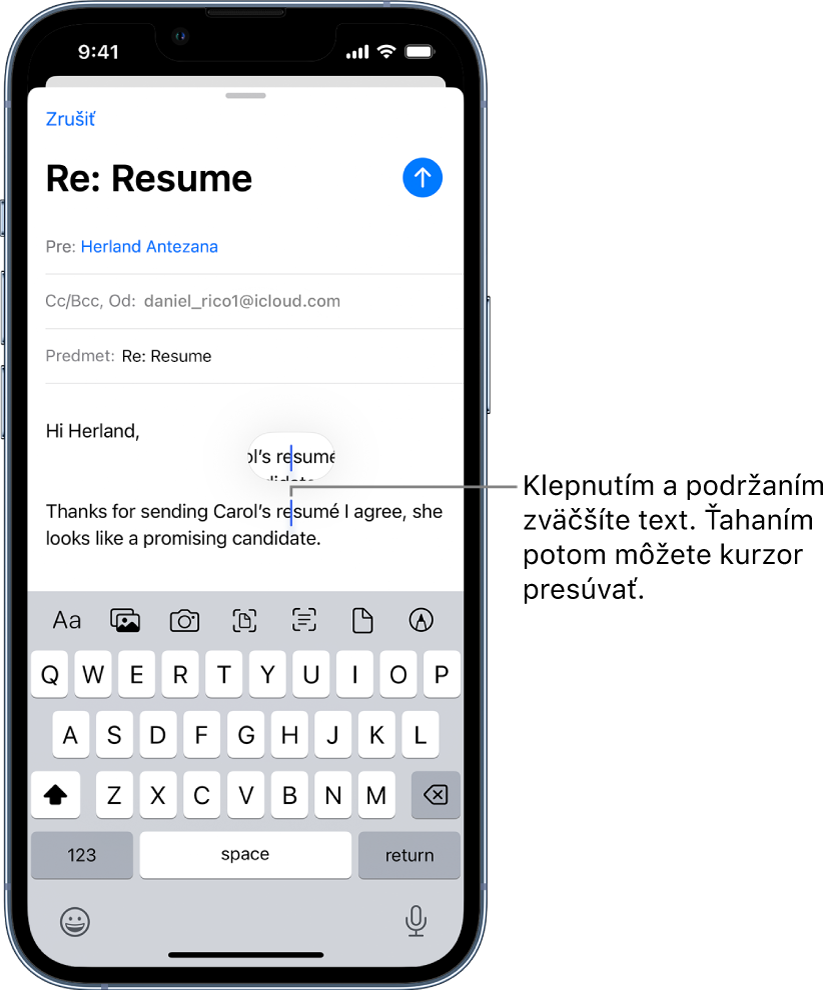 Koncept emailu s kurzorom na mieste, kde má byť vložený alebo upravený text. Okolitý text je zväčšený, aby bolo možné ľahšie umiestniť kurzor.