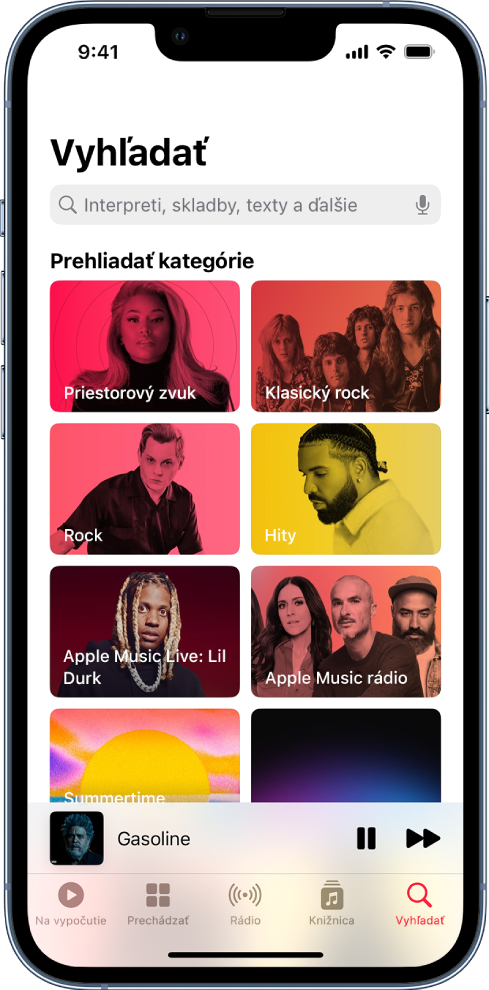 Obrazovka vyhľadávania s vyhľadávacím poľom v hornej časti. Nižšie sa nachádza časť Prechádzať kategórie s ôsmimi kategóriami.