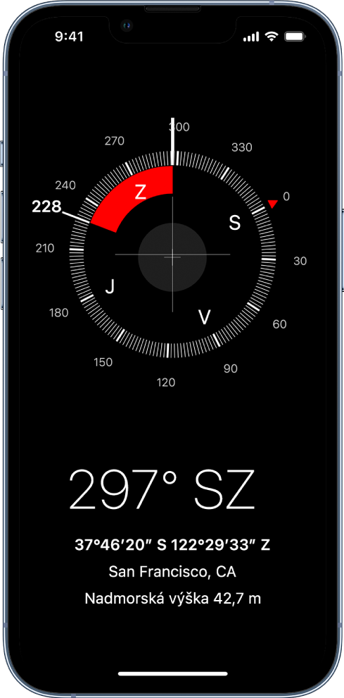Obrazovka apky Kompas so zobrazeným smerom, ktorým ukazuje iPhone, vašou aktuálnou polohou a nadmorskou výškou.
