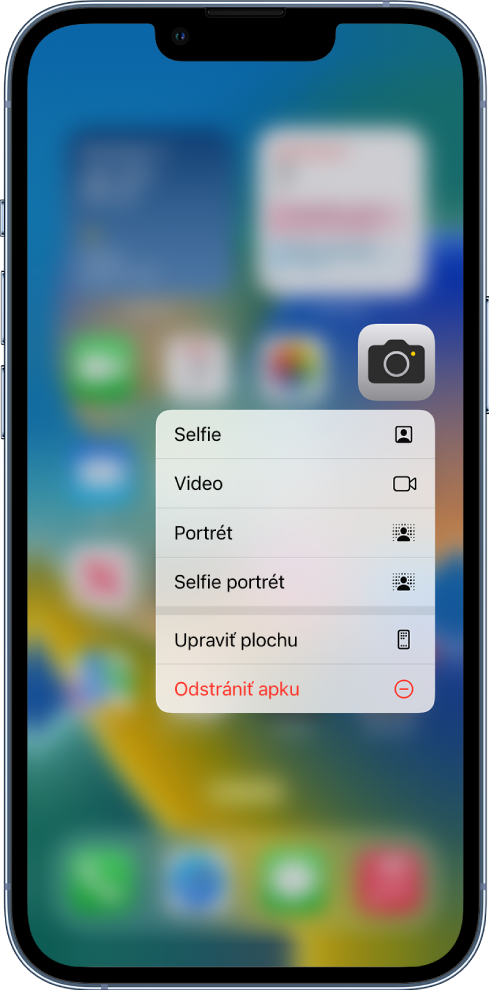Rozostrená plocha, na ktorej je menu rýchlych akcií Kamery pod apkou Kamera.