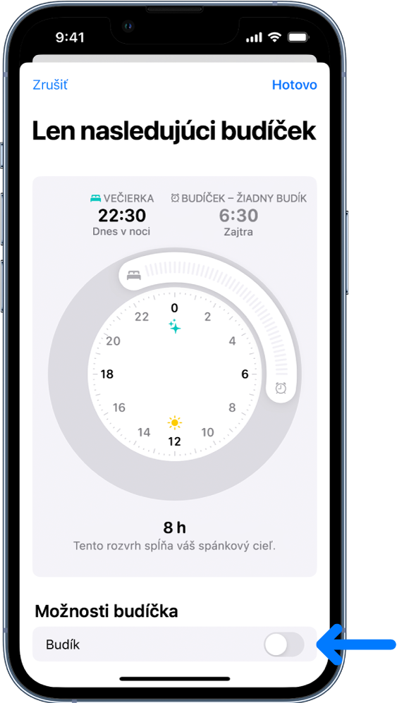 Obrazovka Len nasledujúci budíček s vypnutým budíkom v dolnej časti.
