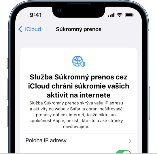 Obrazovka nastavení s ovládacími prvkami na zapínanie a vypínanie funkcie Súkromný prenos.