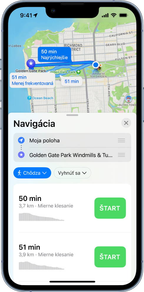 Mapa zobrazujúca dve pešie trasy. Na trasy v dolnej časti sú uvedené podrobnosti trás vrátane odhadovaného času cesty a zmien prevýšenia. Vedľa popisu každej trasy sa nachádza tlačidlo Štart.