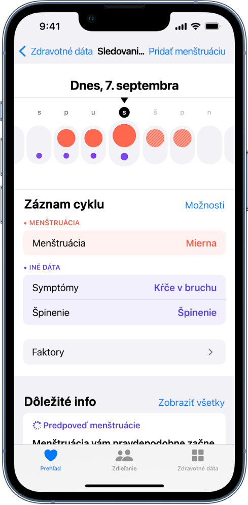 Obrazovka Sledovanie cyklu zobrazujúca týždňovú časovú os v hornej časti obrazovky. Plné červené kruhy označujú prvé 3 dni na časovej osi a fialové bodky označujú všetky dni. Pod časovou osou sa nachádzajú možnosti na pridanie informácií o menštruácii, symptómov a ďalších informácií.