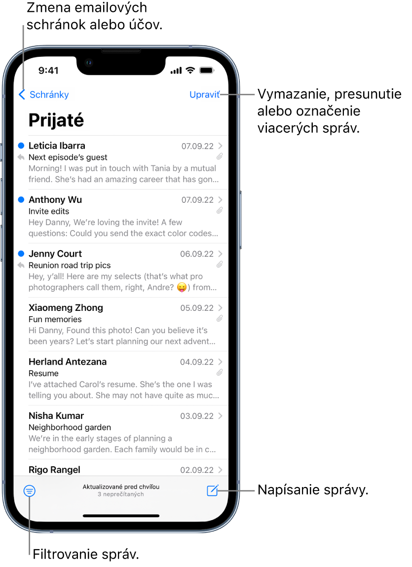 Schránka Prijaté so zoznamom emailov. V ľavom hornom rohu je tlačilo Schránky, ktoré slúži na prepínanie na iné schránky. V pravom hornom rohu je tlačidlo Upraviť, ktoré je určené na vymazávanie, presúvanie alebo označovanie emailov. V ľavom dolnom rohu je tlačidlo na filtrovanie emailov, takže sa zobrazia len niektoré zo správ. Tlačidlo na vytvorenie novej správy je v pravom dolnom rohu.