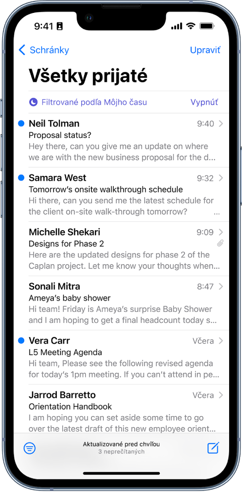 Schránka Prijaté so zoznamom emailov. Nad zoznamom emailov je text Filtrované podľa Môjho času, napravo od neho je možnosť Vypnúť.