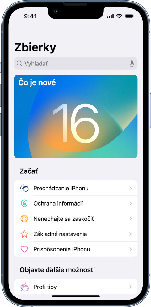 Obrazovka so zbierkami tipov so šípkami, ktoré označujú, že klepnutím na zbierku zobrazíte tipy v danej zbierke.