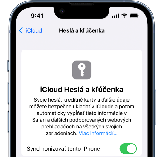 Obrazovka iCloud Heslá a kľúčenka s nastavením synchronizácie pre tento iPhone.