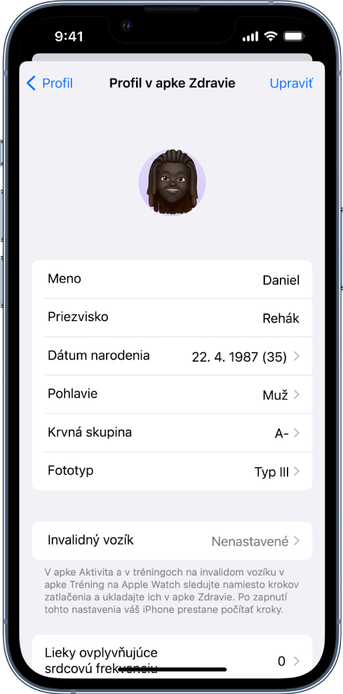 Obrazovka Profil v apke Zdravie.
