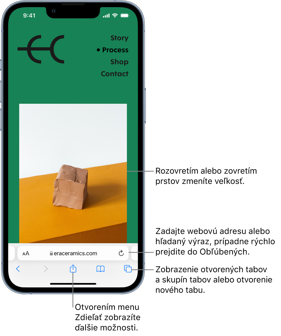 Webová stránka otvorená v Safari s poľom adresy dole. V dolnej časti sa zľava doprava zobrazujú tlačidlá Naspäť, Dopredu, Zdieľať, Záložky a Taby.