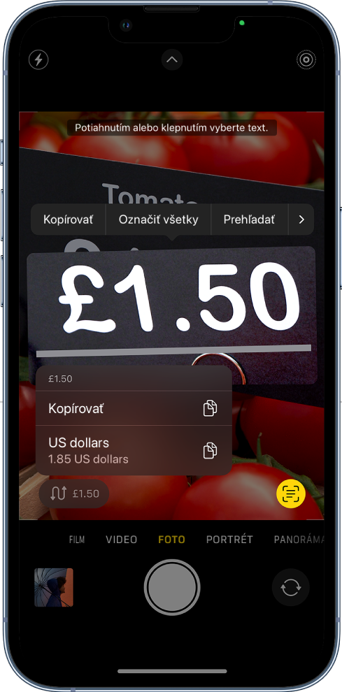 Obrazovka apky Kamera zobrazujúca tlačidlo rýchlej akcie na prevod meny, ktorá sa zobrazuje v zábere kamery.