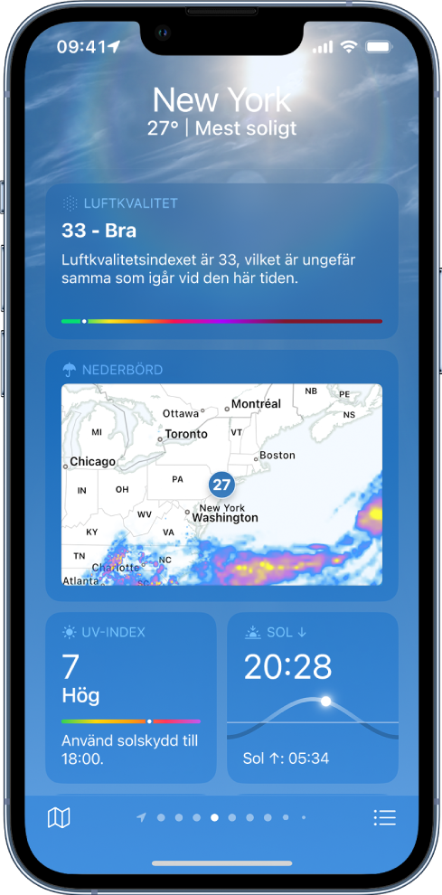 Skärmen Väder med platsen överst och aktuell temperatur och aktuella väderförhållanden. Nedanför finns väderinformation för följande element: luftkvalitet, nederbörd, UV-index och solnedgång.