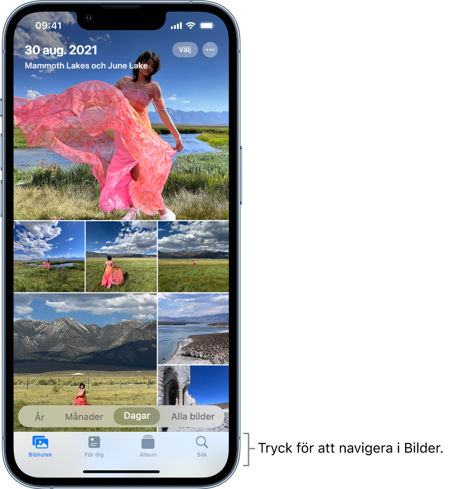 Bildbiblioteket i dagvyn. Ett urval bildminiatyrer fyller skärmen. Överst till vänster på skärmen visas datum och plats där bilderna togs. Överst till höger finns knapparna Välj och Fler alternativ för att dela bilder och visa detaljer. Under miniatyrbilderna finns alternativ för att visa bildbiblioteket efter År, Månader, Dagar och Alla bilder. Längst ned finns knapparna Bibliotek, För dig, Album och Sök.