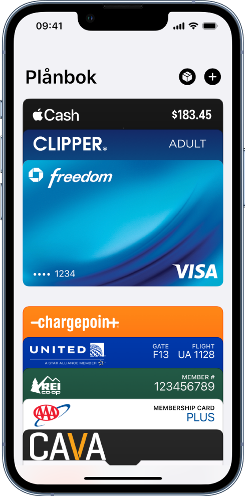 Plånbok-skärmen med flera betalkort och kuponger.