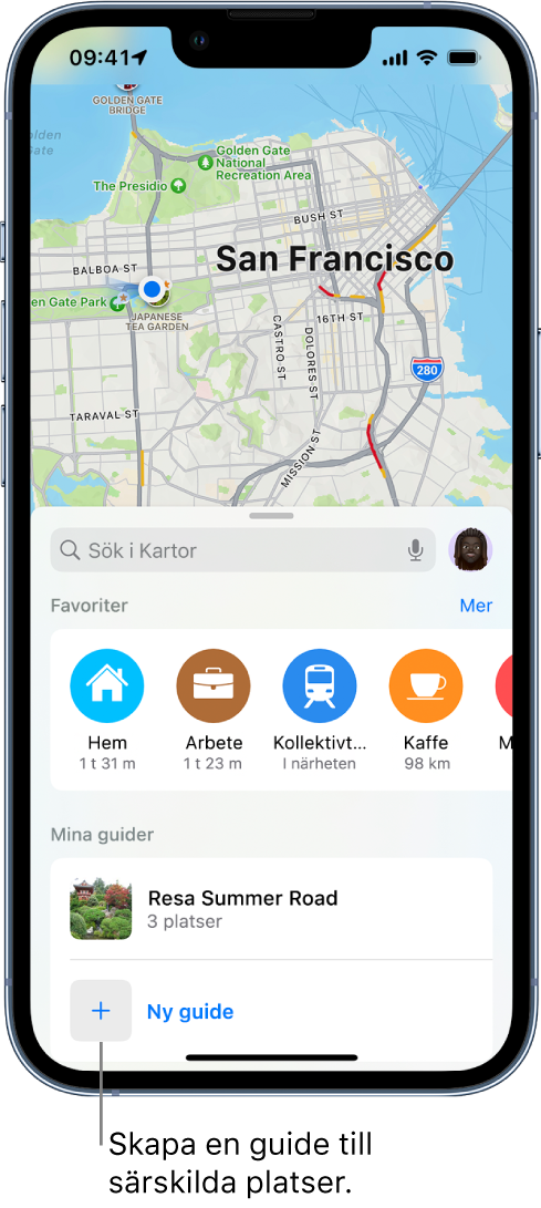 Ett sökkort i Kartor med knappen Ny guide längst ned.