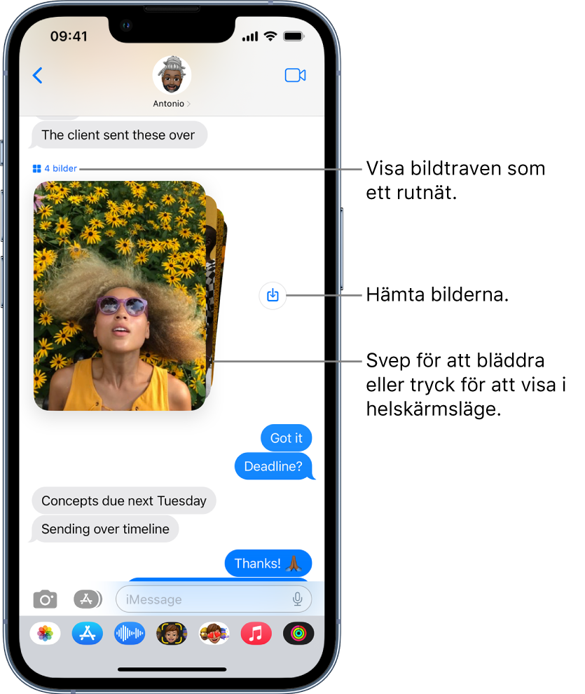 En konversation i Meddelanden med en samling bilder på personer och blommor bredvid en Spara-knapp.