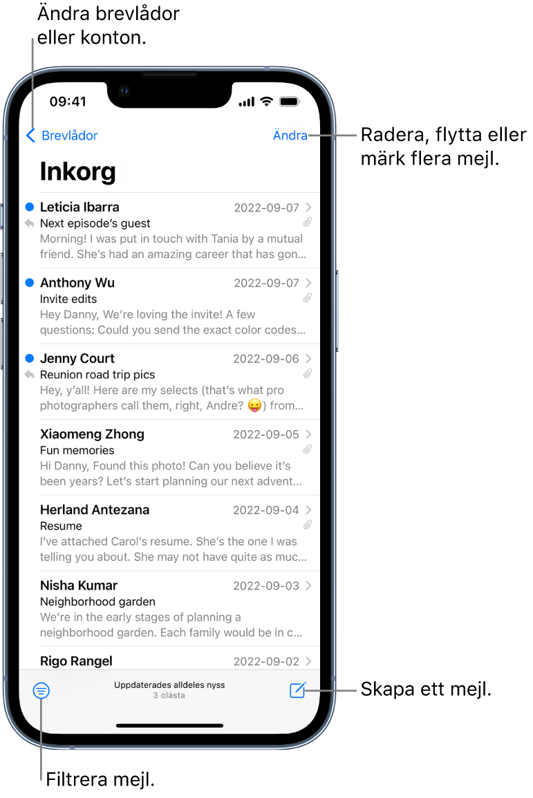 Inkorgen som visar en mejllista. I det övre vänstra hörnet finns inkorgsknappen för att växla till en annan brevlåda. Ändringsknappen för att radera, flytta eller märka mejl finns i det övre högra hörnet. Knappen för att filtrera mejl så att endast vissa typer av mejl visas finns i det nedre vänstra hörnet. Knappen för att skriva ett nytt mejl finns i det nedre högra hörnet.