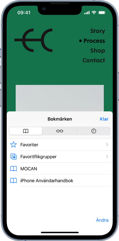 På bokmärkesskärmen finns alternativ för att visa bokmärken, favoriter, favoritflikgrupper, läslista och surfhistorik.