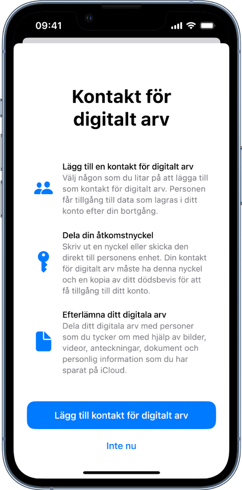 Skärmen Kontakt för digitalt arv med information om funktionen. Knappen Lägg till kontakt för digitalt arv finns längst ned.
