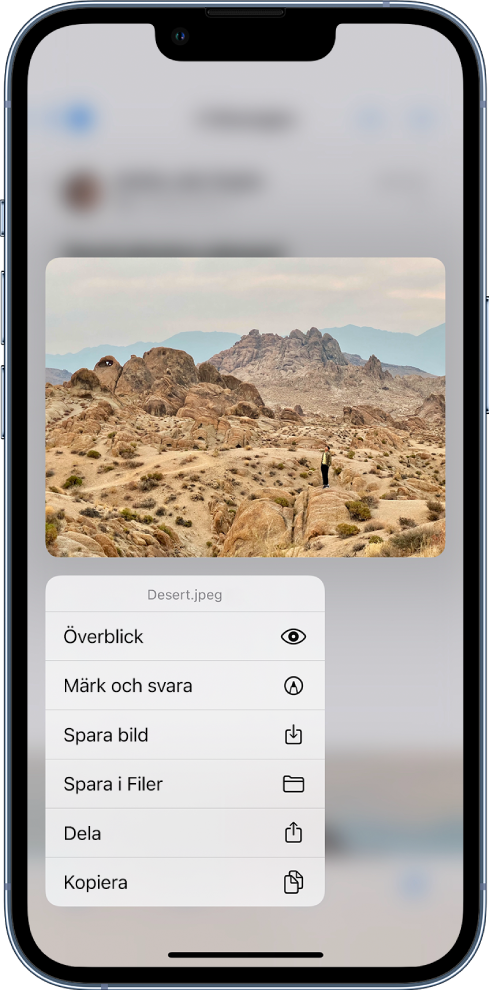 En e-postbilaga markeras och möjliga åtgärder visas i en lista. Alternativen omfattar Överblicka, Märk och Svara, Spara bild, Spara i Filer, Dela samt Kopiera.