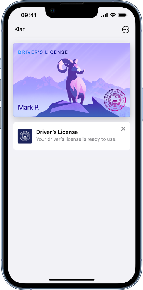 Ett körkort i Plånbok. Högst upp till vänster finns knappen Klar och högst upp till höger finns merknappen.