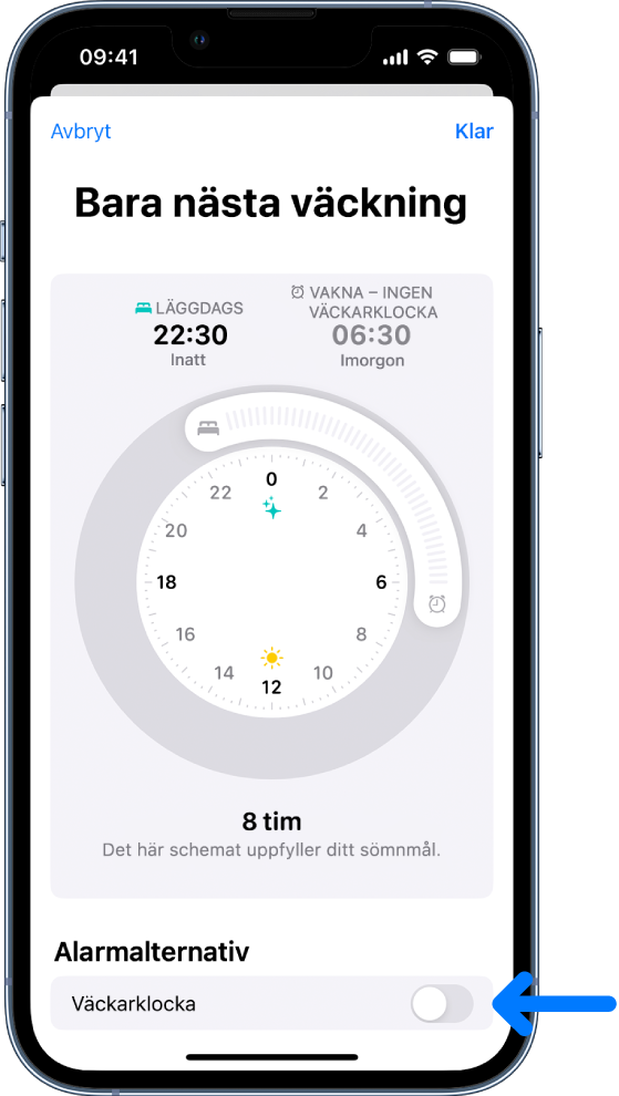 Skärmen Bara nästa väckning med alarmet avstängt längst ned.