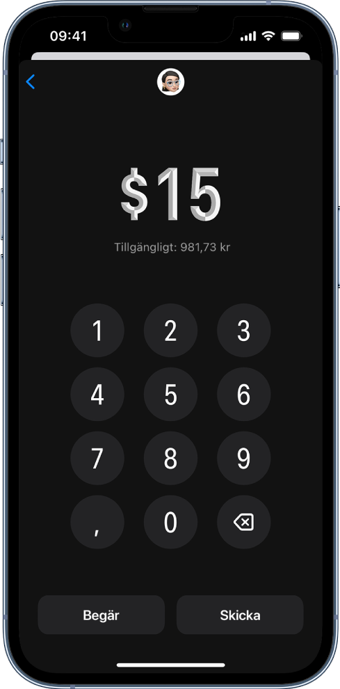 En knappsats för att ange beloppet med knapparna Begär och Skicka längst ned.