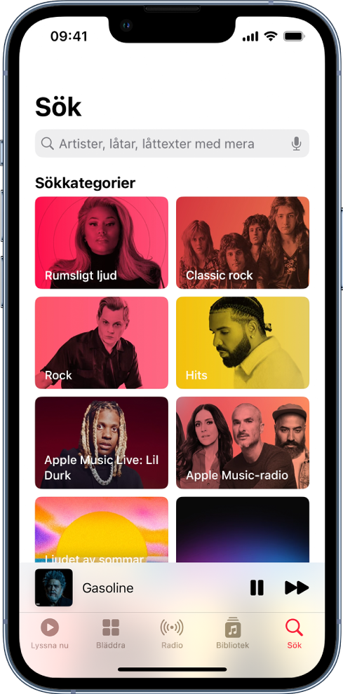 Sökskärmen med sökfältet överst. Under det finns avsnittet Bläddra bland kategorier med åtta kategorier.