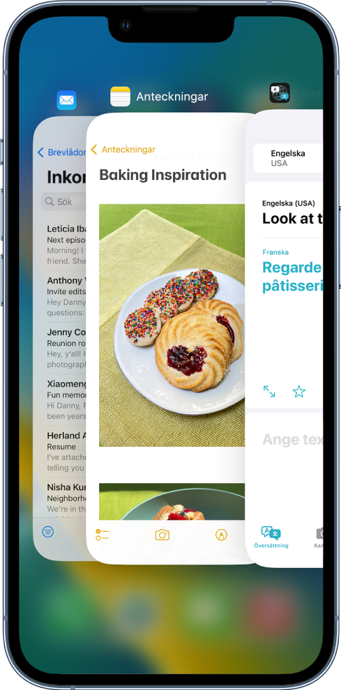 Appväxlaren. Symboler för öppna appar visas överst, och den aktuella skärmen för varje app visas under dess symbol.