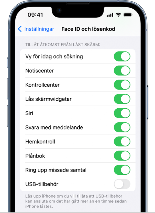 Skärmen Face ID och lösenkod med inställningar för att ge åtkomst till specifika funktioner när iPhone är låst.