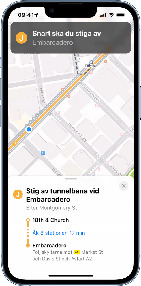 En karta med färdbeskrivning för kollektivtrafik och en notis om att det är dags att kliva av snart.