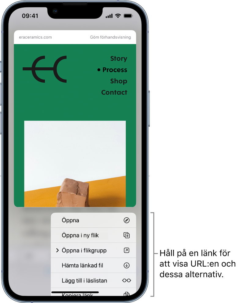 En förhandsvisning av målplatsens URL följd av en lista med möjliga åtgärder: Öppna, Öppna i ny flik, Öppna i flikgrupp, Hämta länkad fil, Lägg till i läslistan och Kopiera länk.