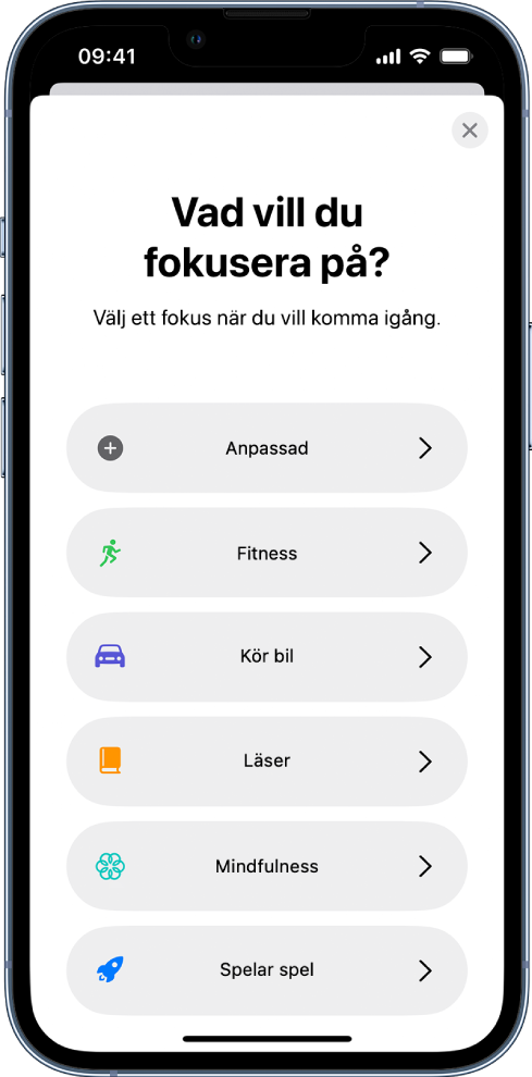 En fokusinställningsskärm för ett av de tillhandahållna fokusalternativen, inklusive Anpassat, Kör bil, Fitness, Spelar spel, Mindfulness och Läser.