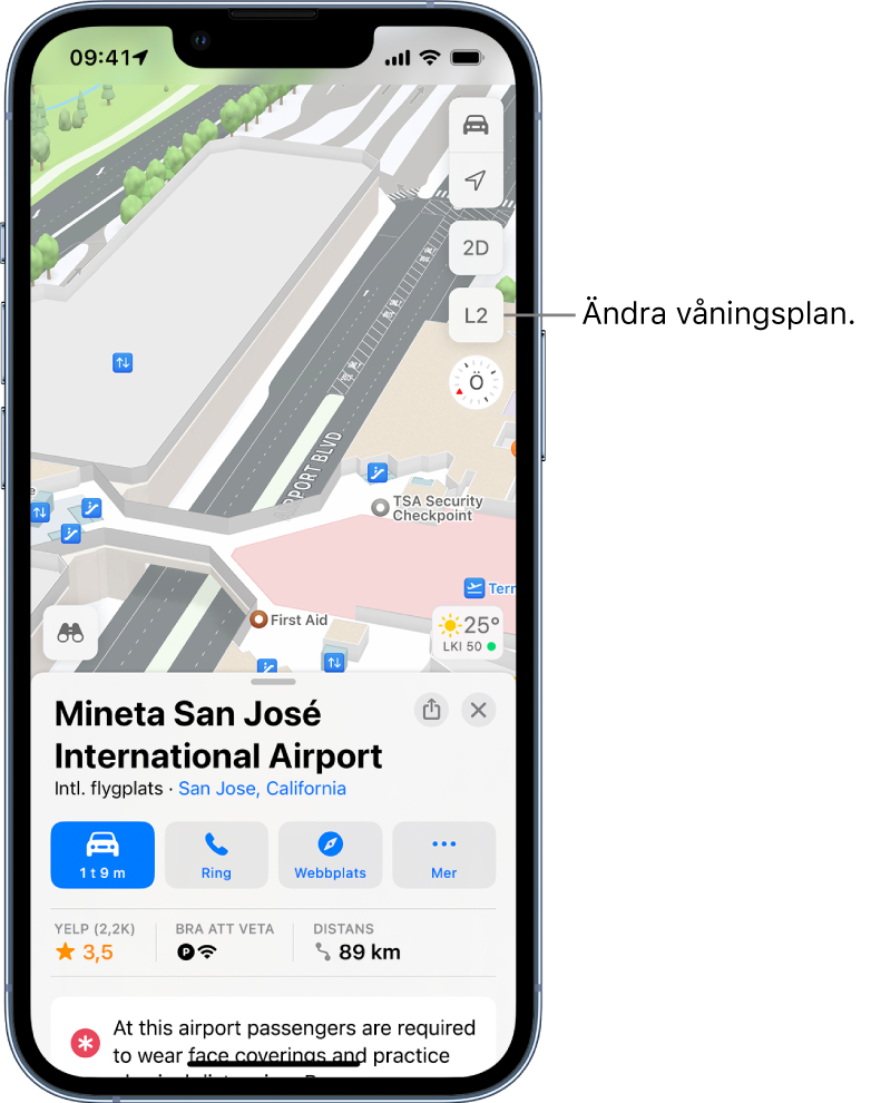 En inomhuskarta av en flygplatsterminal. Kartan visar säkerhetskontroller, rulltrappor, hissar och första hjälpen.