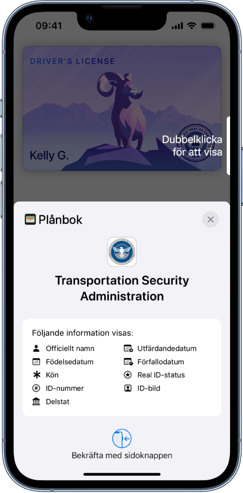 En skärm som visar den information som TSA begär, inklusive borgerligt namn, födelsedatum, ID-nummer, ID-foto med mera.